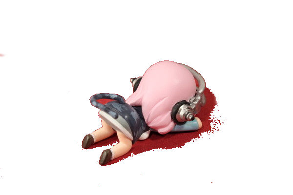 Alt text: A chibi figurine of Super Sonico laying face down, in a pose like she just tripped. There is an edited splotch of red around her.